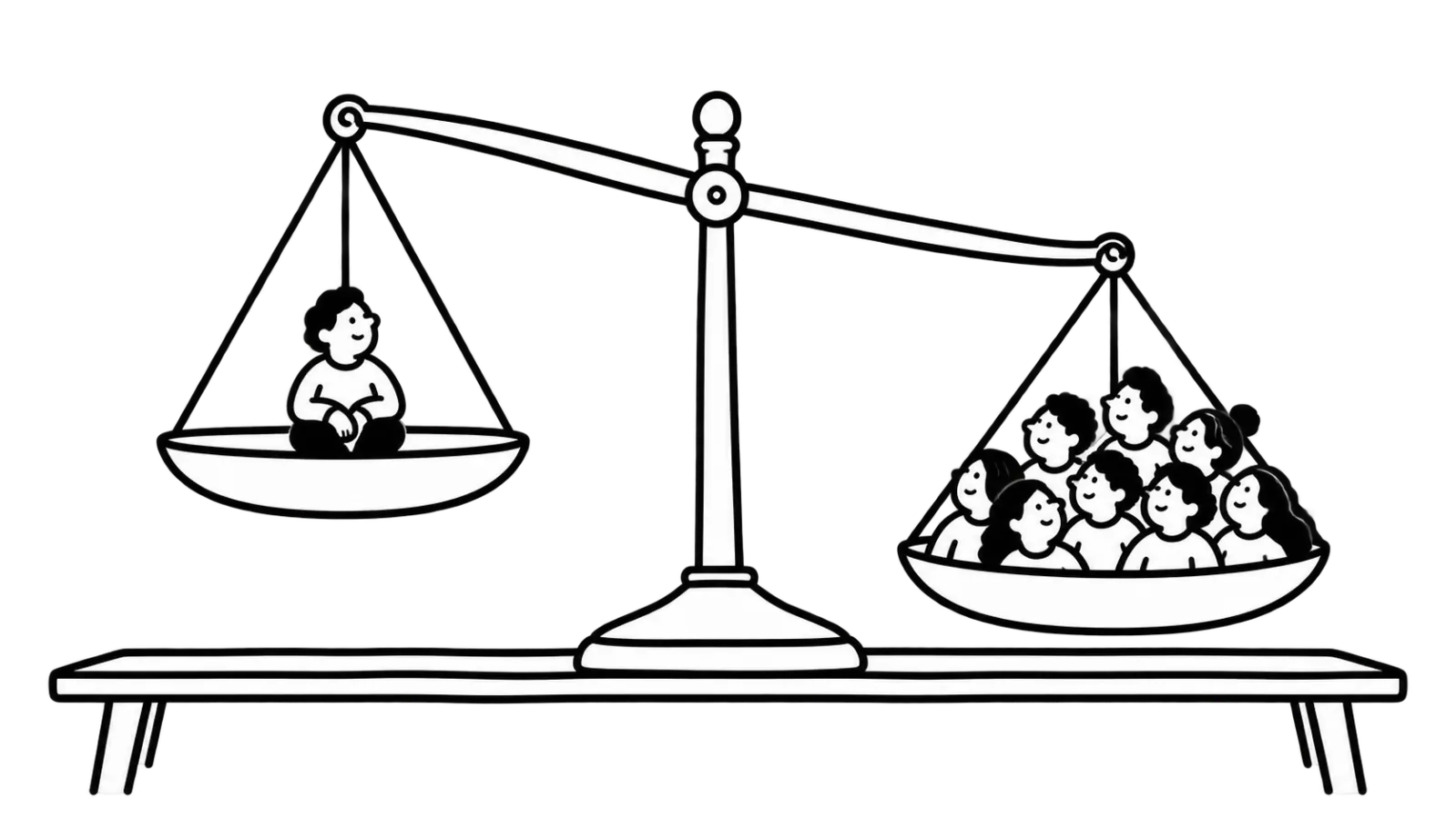 Balance scales weighing one small human figure against a crowd of figures.