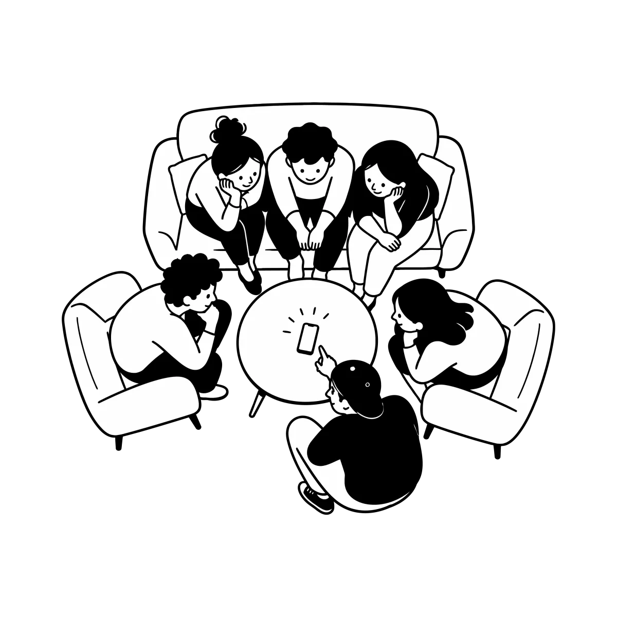 A group seen from above, leaning in around one phone on a coffee table.